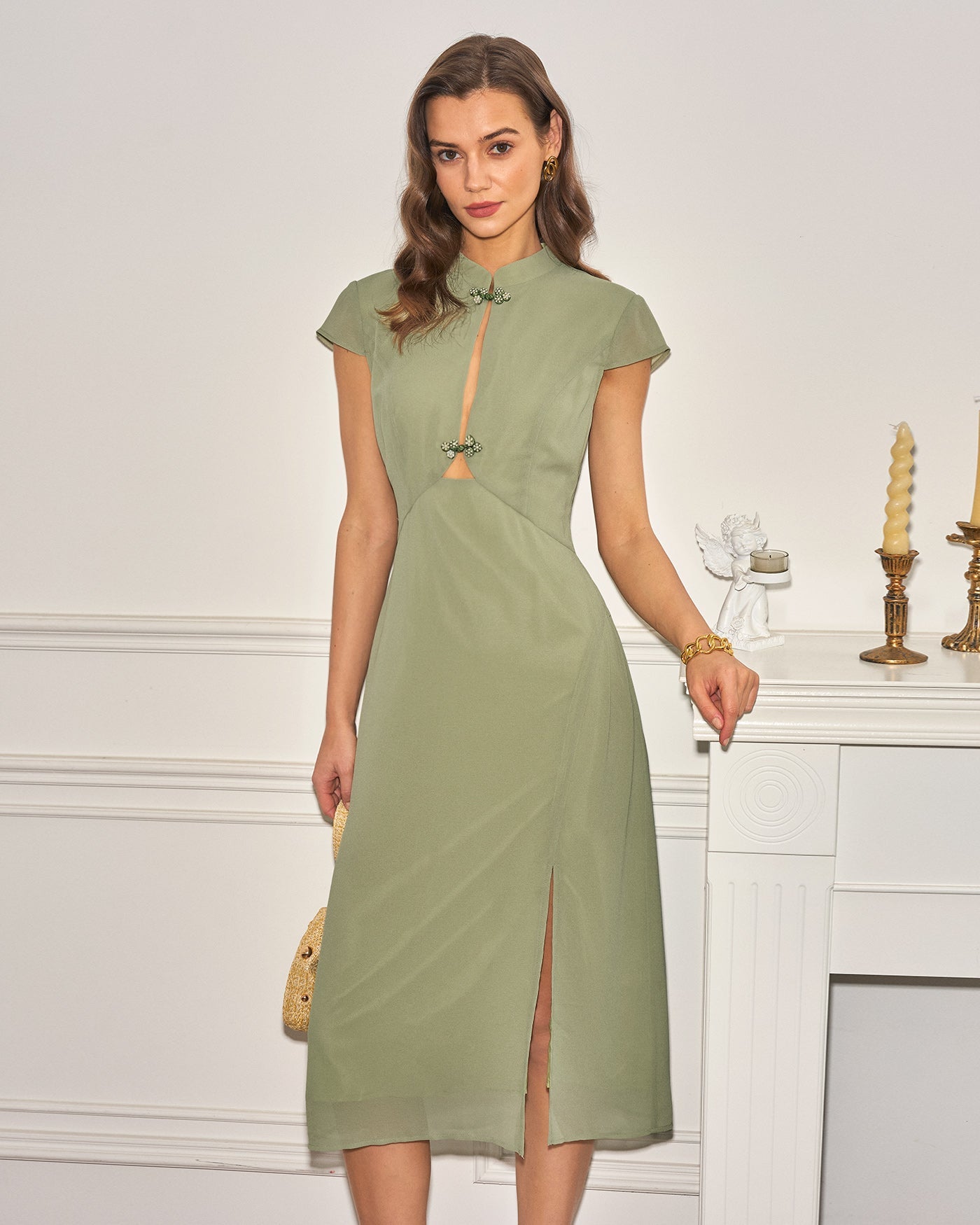 Vestido Midi de Chifón con Cuello Mandarín Verde