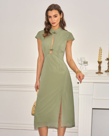 Vestido Midi de Chifón con Cuello Mandarín Verde