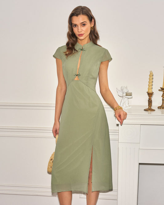 Vestido Midi de Chifón con Cuello Mandarín Verde