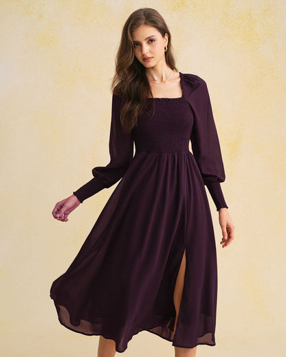 Vestido Midi de Chifón Púrpura con Mangas Lantern Fruncidas