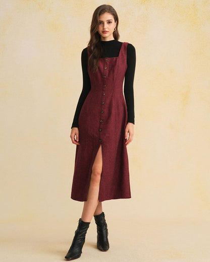 Vestido Midi Rojo Sin Mangas con Abertura y Botones