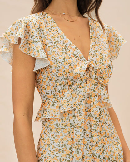 Vestido Midi Amarillo con Volantes y Cuello en V