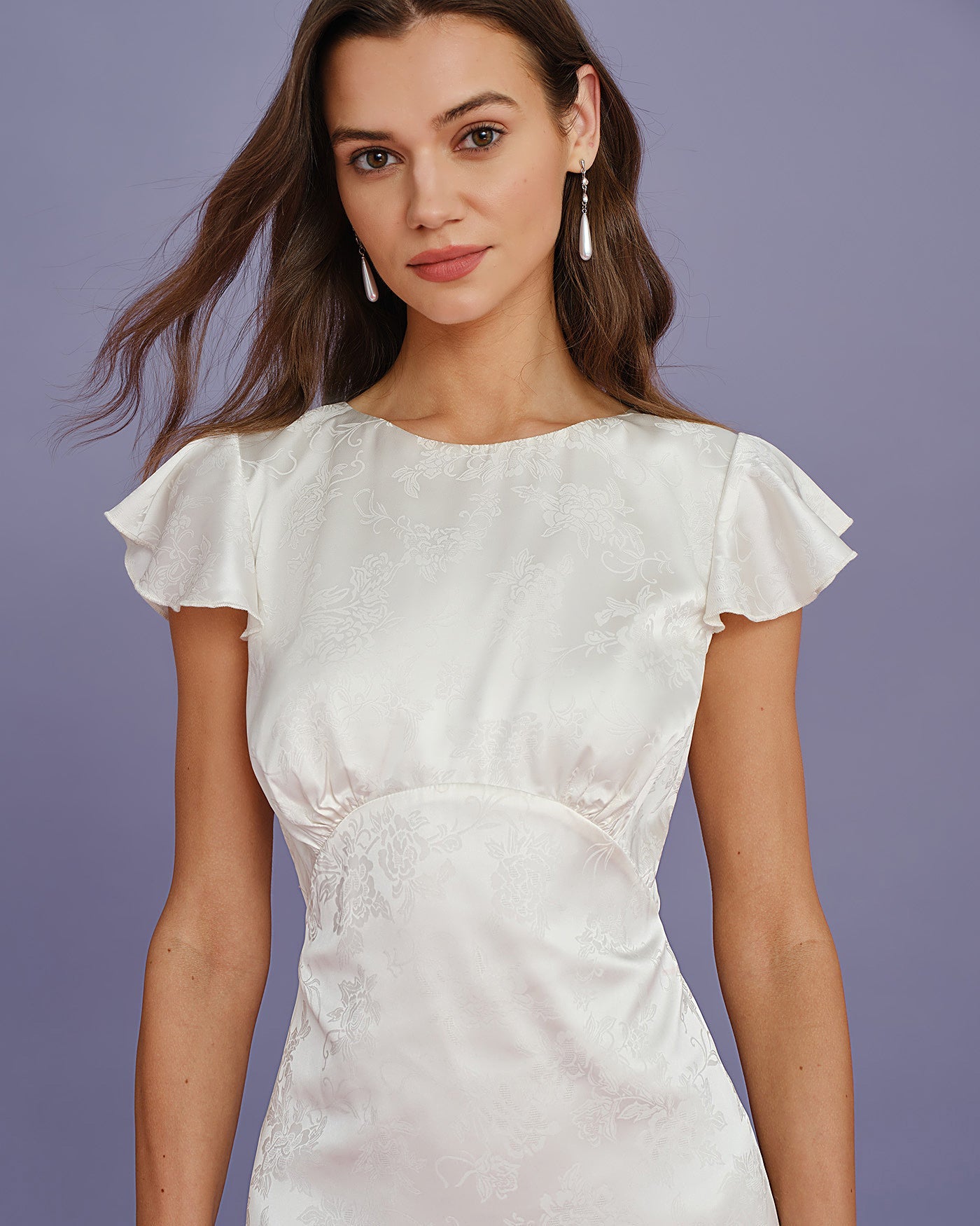 Vestido Midi de Jacquard con Volantes y Cuello Barco Beige