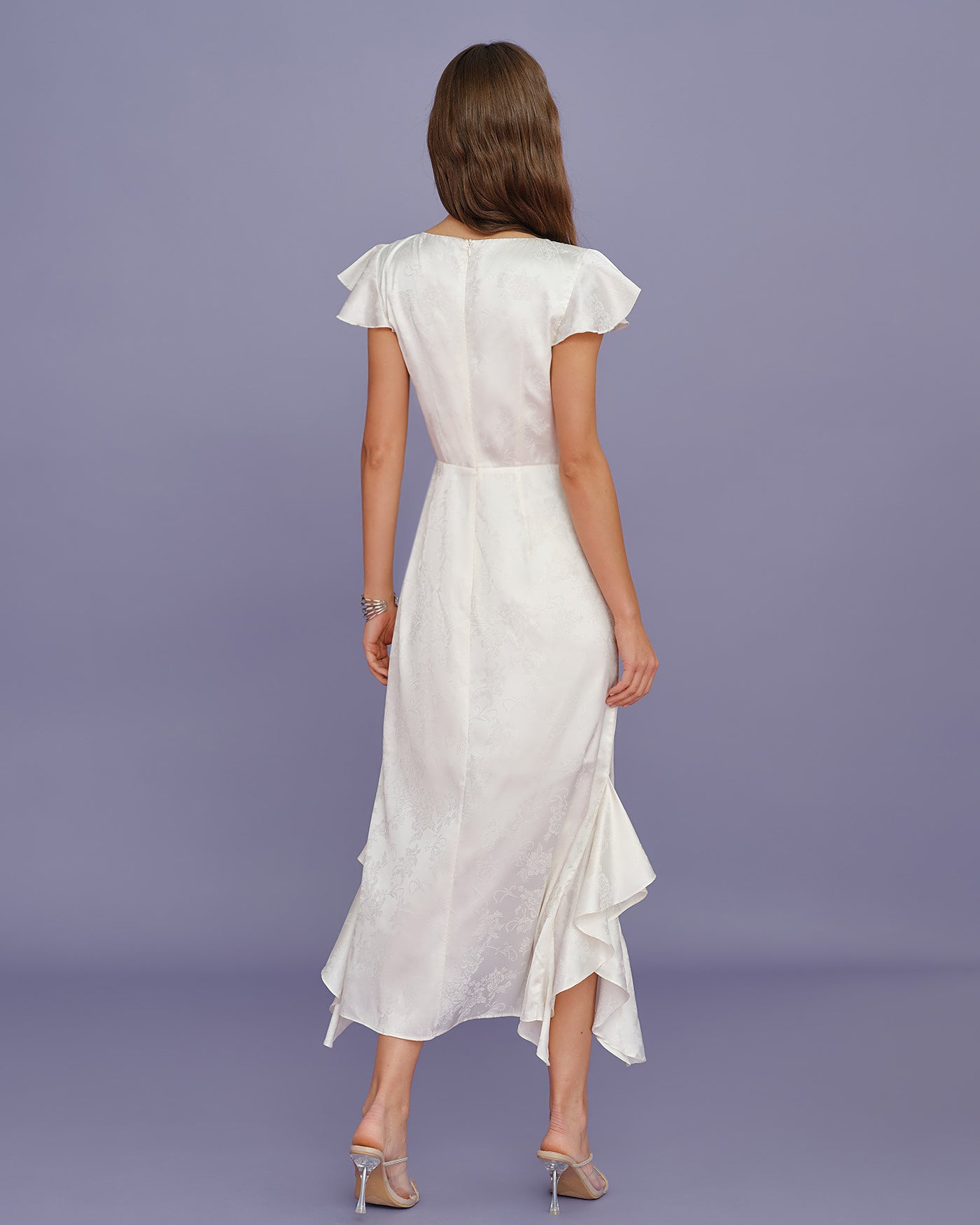 Vestido Midi de Jacquard con Volantes y Cuello Barco Beige
