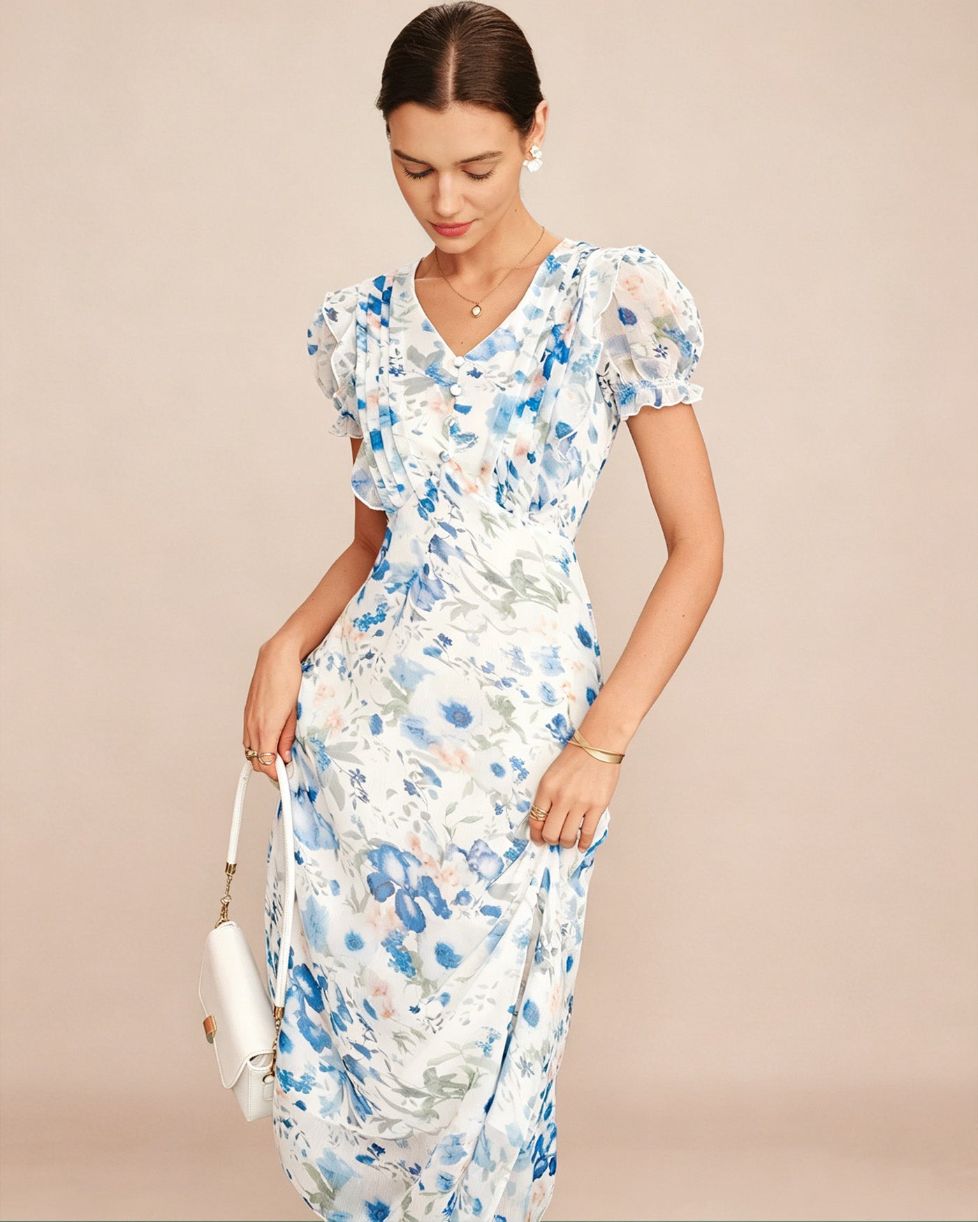 Vestido Midi Shirred con Cuello en V Floral Azul