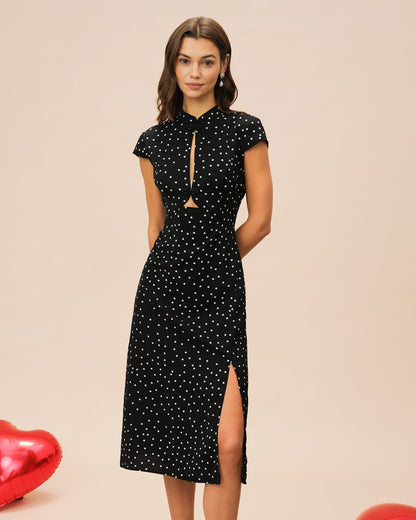 Vestido Midi de Lunares con Cuello Mandarin Negro