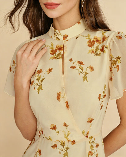Vestido Midi Floral con Manga Mariposa Amarillo