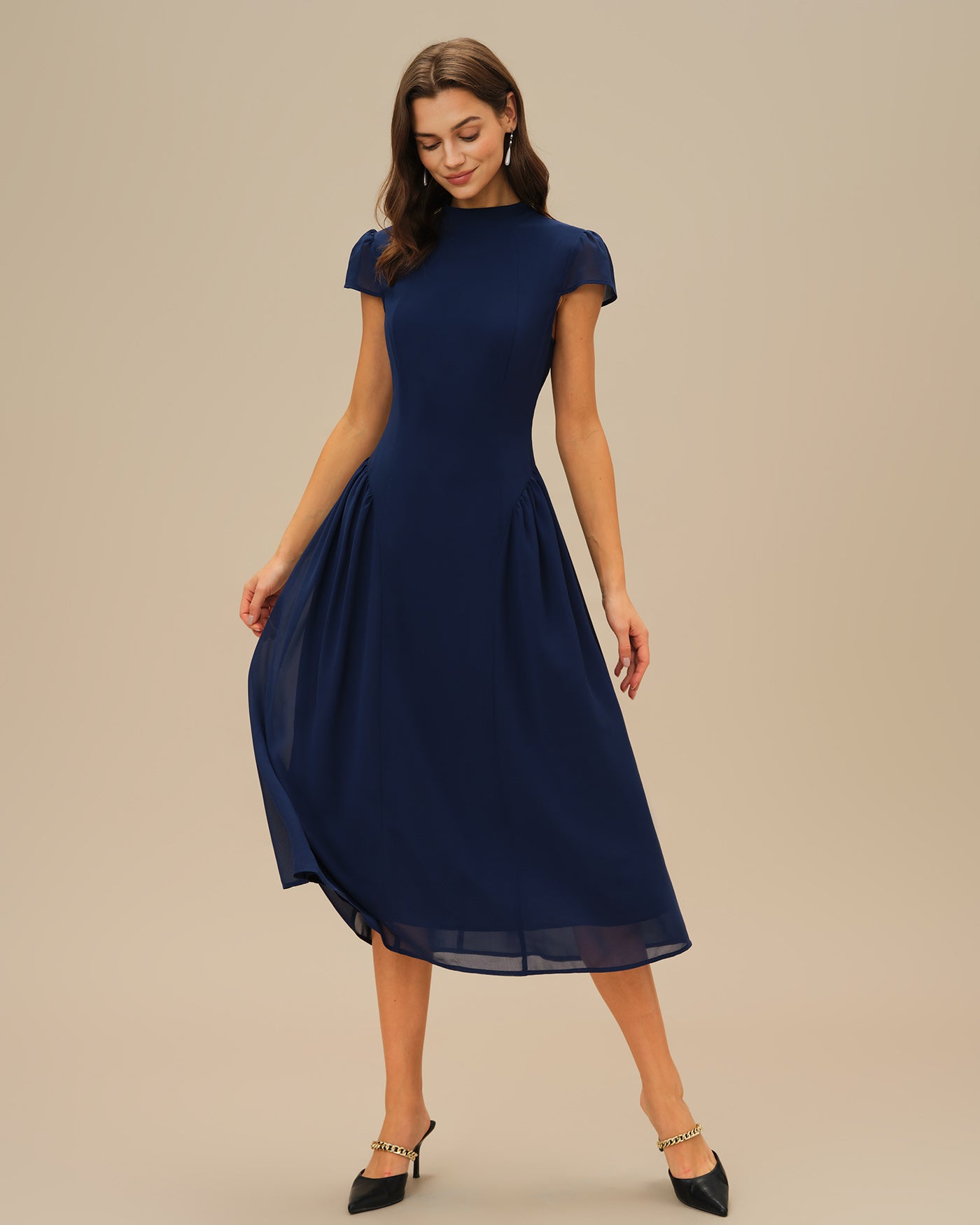 Vestido Midi de Manga Abullonada Azul