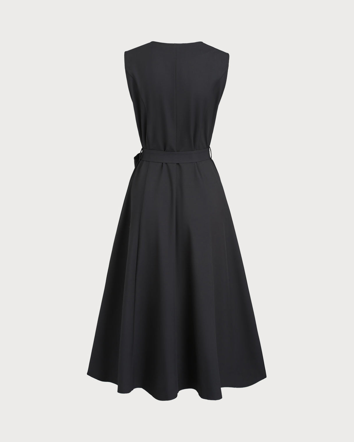 Vestido Midi Sin Mangas con Cinturón y Escote en V Negro