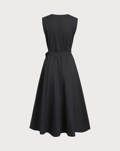 Vestido Midi Sin Mangas con Cinturón y Escote en V Negro