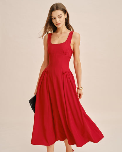 Vestido Midi Sin Mangas de Cuello Cuadrado Rojo