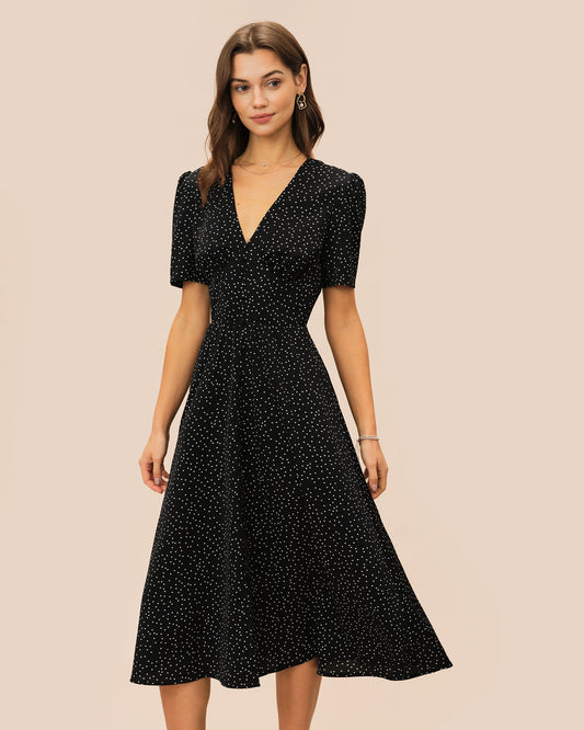 Vestido Midi Negro con Cuello en V y Lunares