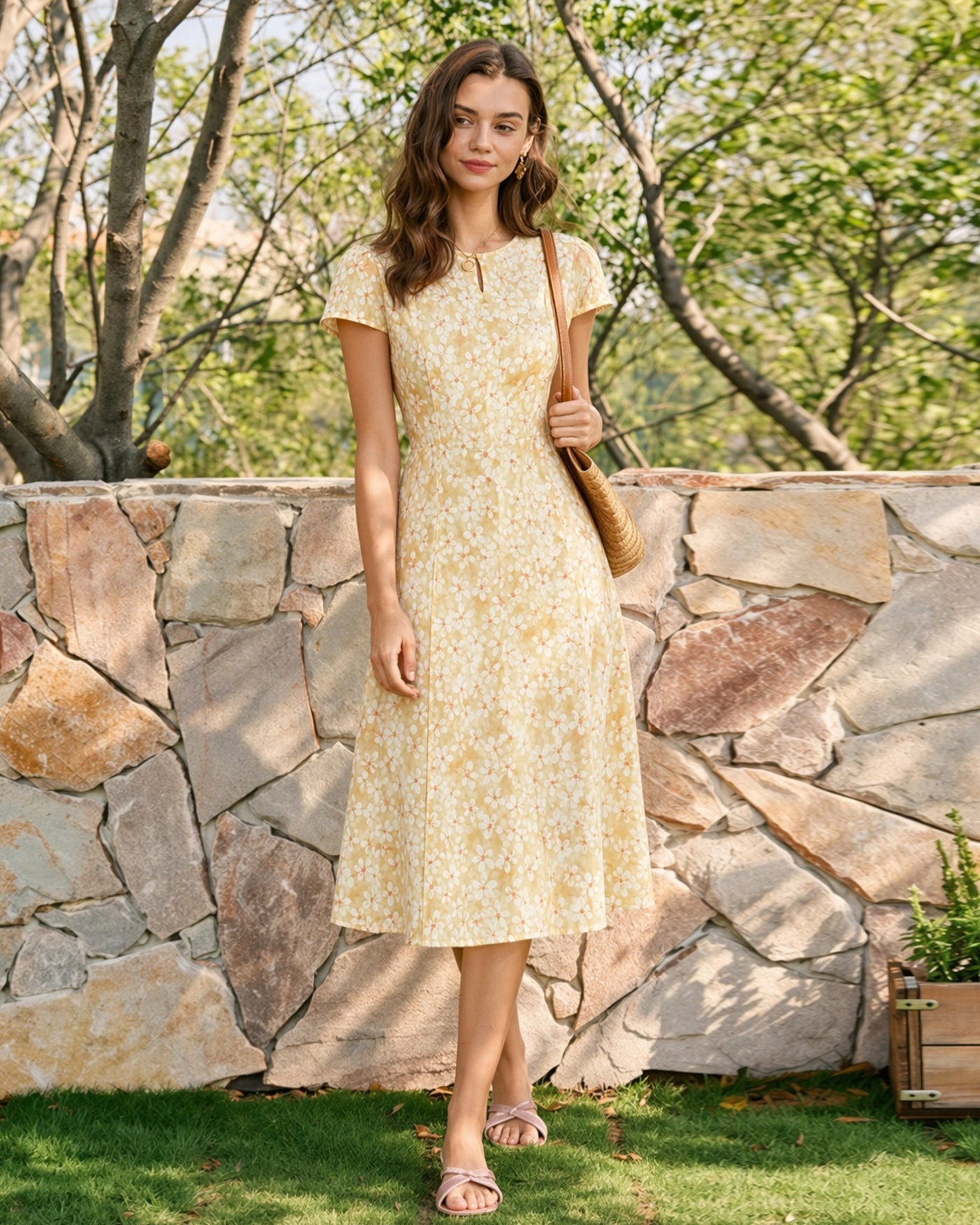 Vestido Midi Floral con Mangas Tipo Capa Amarillo