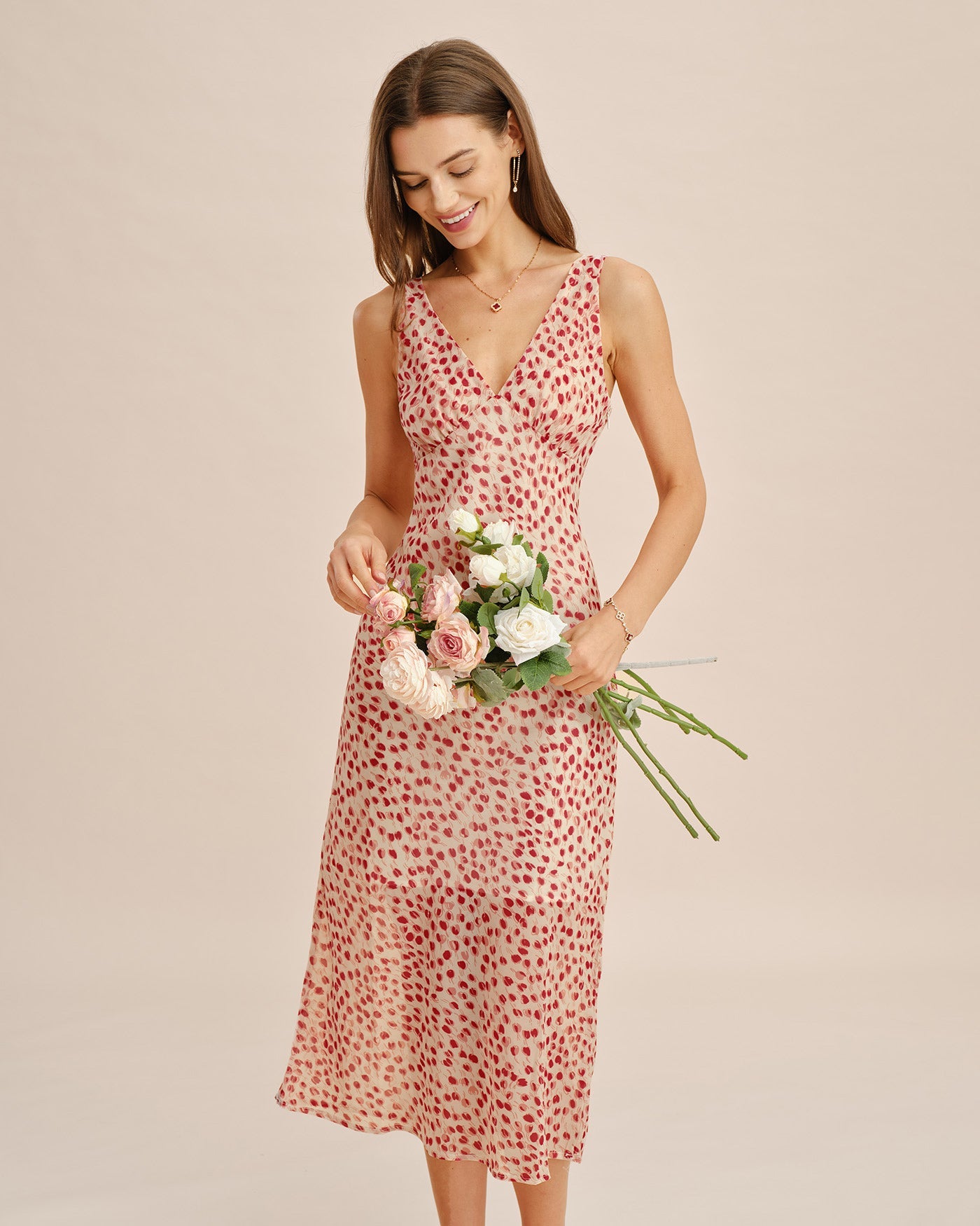 Vestido Midi Floral Rosa con Escote en V