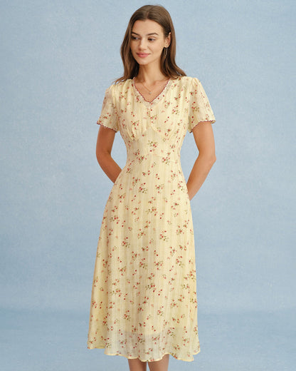 Vestido Midi Floral con Cuello en V Amarillo