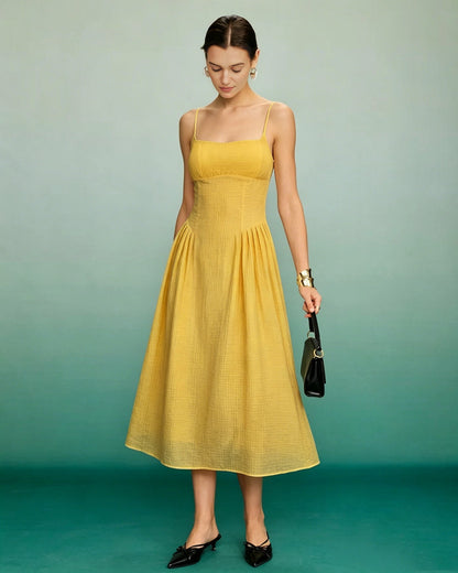Vestido Midi A-Line Amarillo con Pliegues