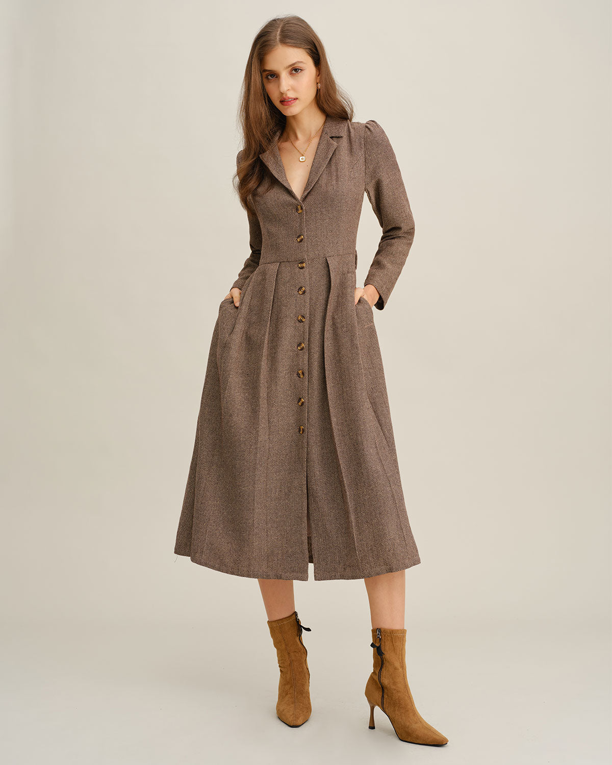 Vestido Midi Plisado A-Line Marrón