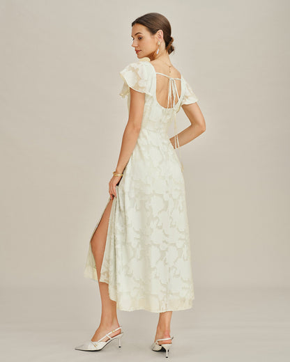 Vestido Midi Jacquard de Cuello Cuadrado Beige