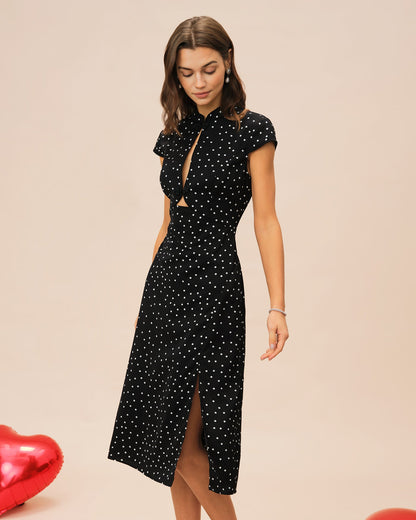 Vestido Midi de Lunares con Cuello Mandarin Negro