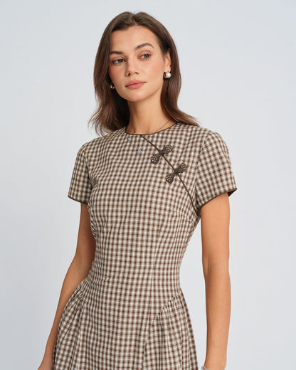 Vestido Midi de Cuello Redondo a Cuadros Marrón