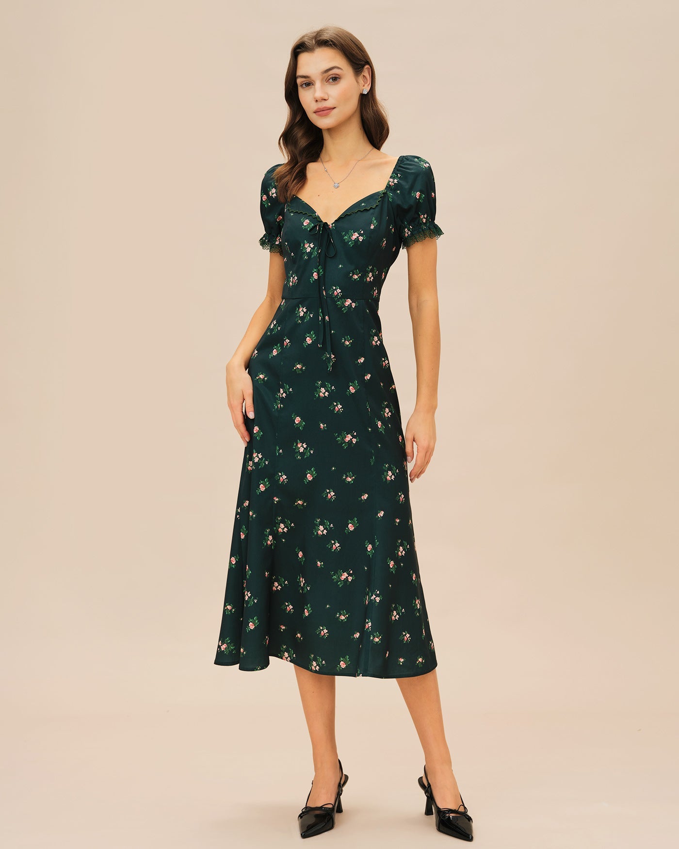 Vestido Midi Floral con Mangas Abullonadas Verdes
