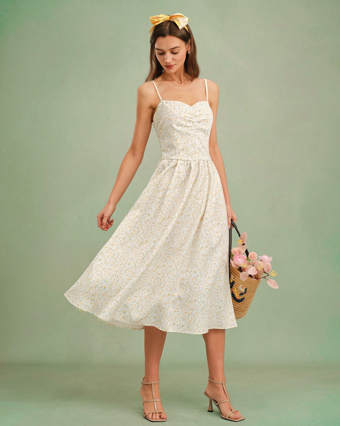Vestido Midi Floral Sin Mangas con Escote Corazón Amarillo