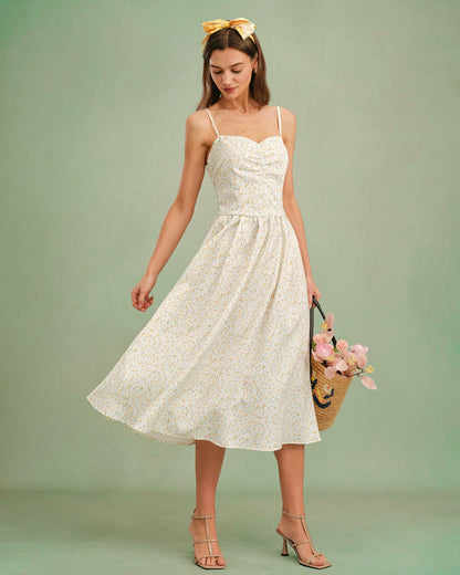 Vestido Midi Floral Sin Mangas con Escote Corazón Amarillo