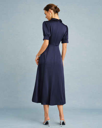 Vestido Midi de Satén con Cuello de Marinerito y Mangas Abullonadas