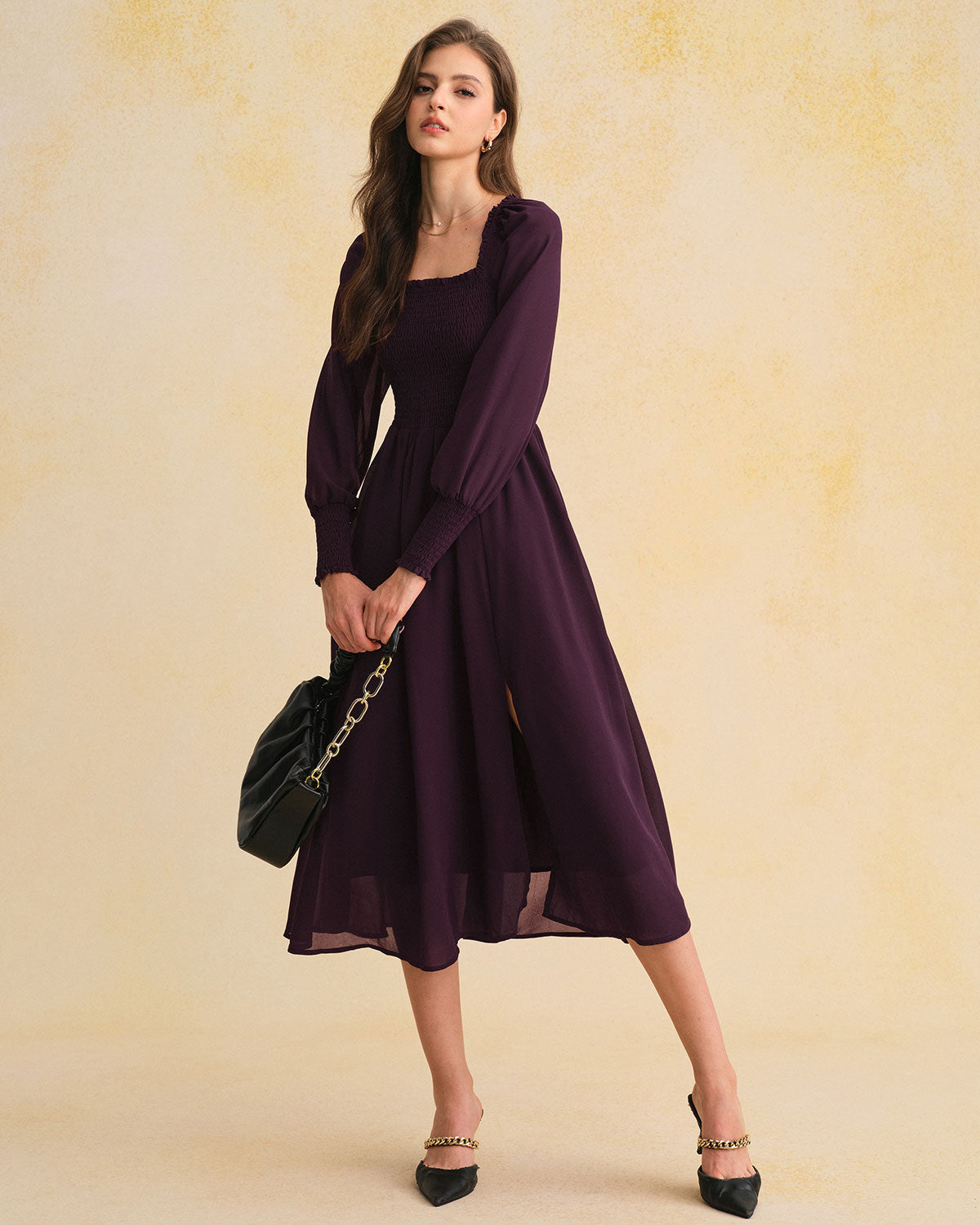 Vestido Midi de Chifón Púrpura con Mangas Lantern Fruncidas