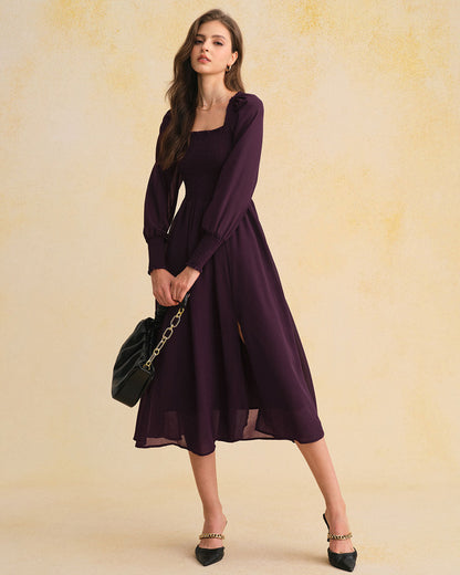 Vestido Midi de Chifón Púrpura con Mangas Lantern Fruncidas