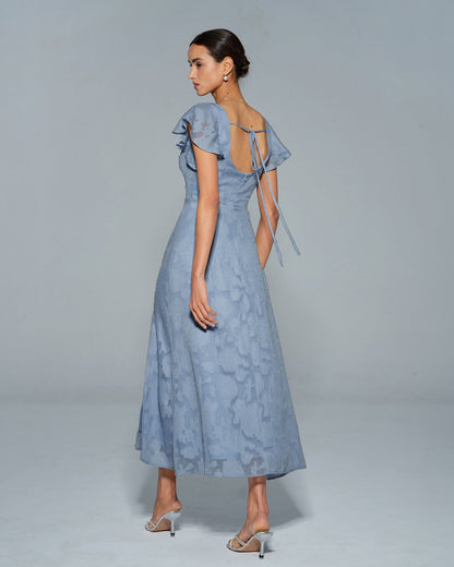 Vestido Midi de Cuello Cuadrado Floral Azul