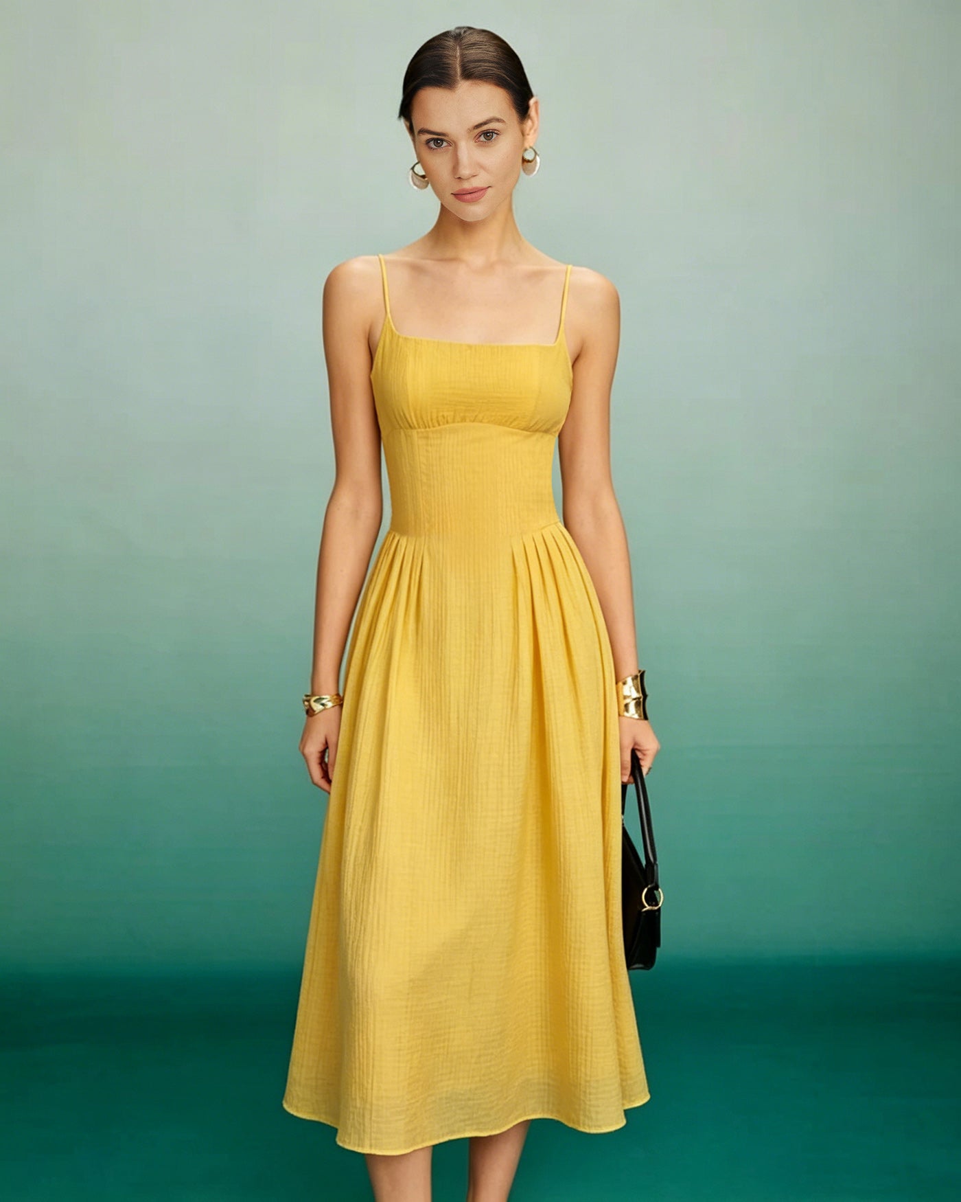 Vestido Midi A-Line Amarillo con Pliegues