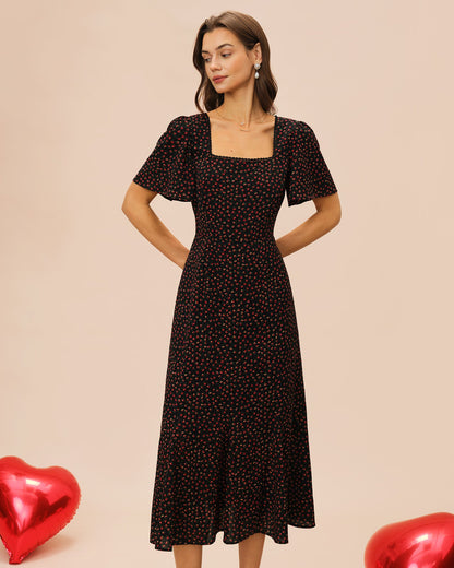 Vestido Midi Floral con Mangas de Mariposa y Escote Cuadrado Negro