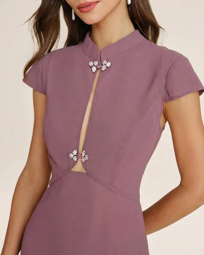 Vestido Midi de Chiffon con Cuello Mandarín Morado