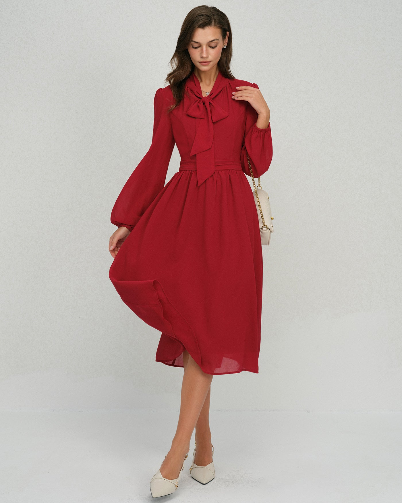 Vestido Midi de Chifón con Manga de Farol Color Rojo Vino