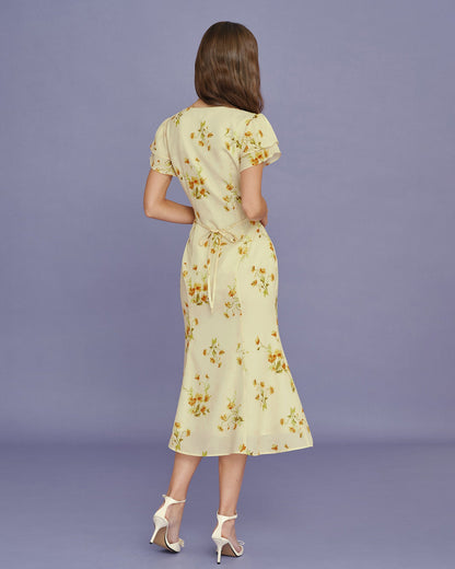 Vestido Midi de Sirena Floral con Escote en V Amarillo