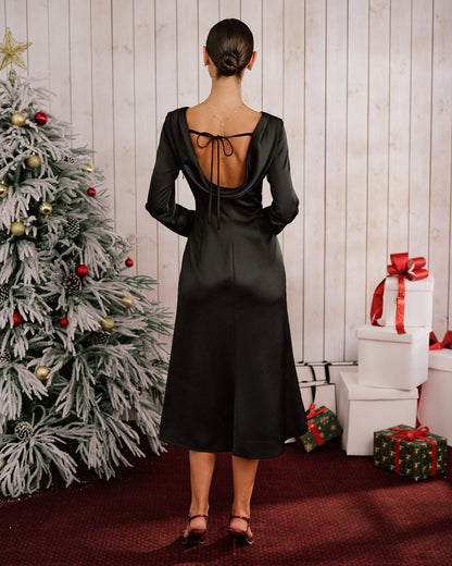 Vestido Midi de Satén Negro con Cuello Barco y Espalda Descubierta