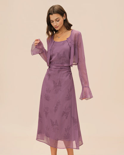 Vestido Midi Deslizante Con Ruches de Flores Moradas