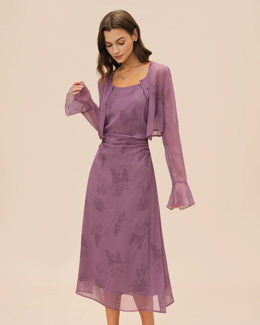 Vestido Midi Deslizante Con Ruches de Flores Moradas