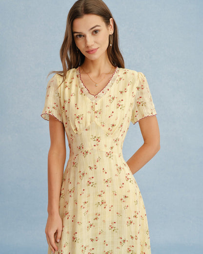 Vestido Midi Floral con Cuello en V Amarillo