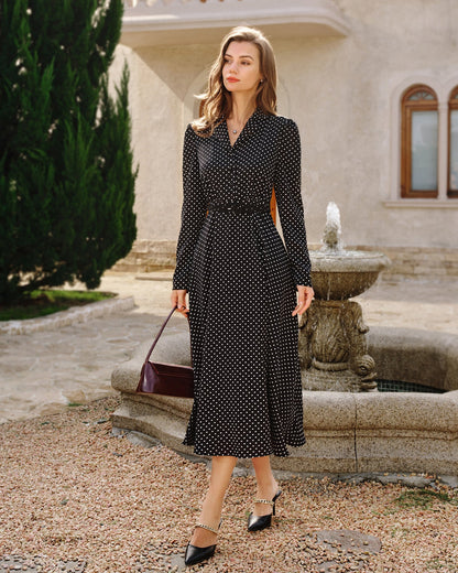 Vestido Midi con Cuello de Lunares Negros