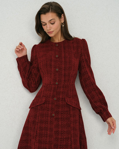 Vestido Midi A-Line con Mangas de Farol Rojo