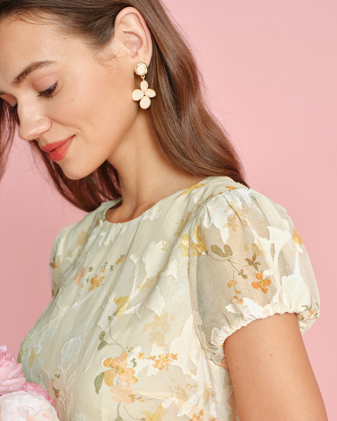 Vestido Midi Jacquard con Mangas Abullonadas Amarillo