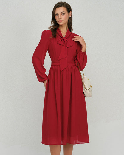 Vestido Midi de Chifón con Manga de Farol Color Rojo Vino