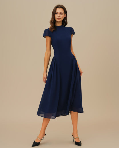 Vestido Midi de Manga Abullonada Azul