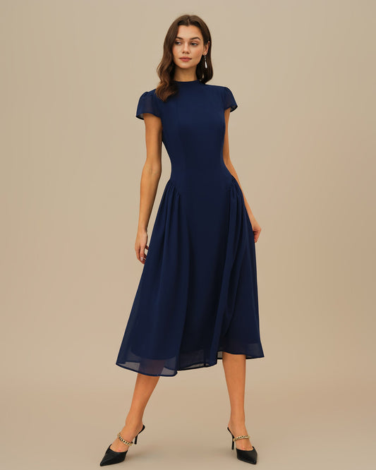 Vestido Midi de Manga Abullonada Azul