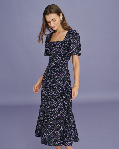 Vestido Midi con Mangas de Mariposa Floral Morado