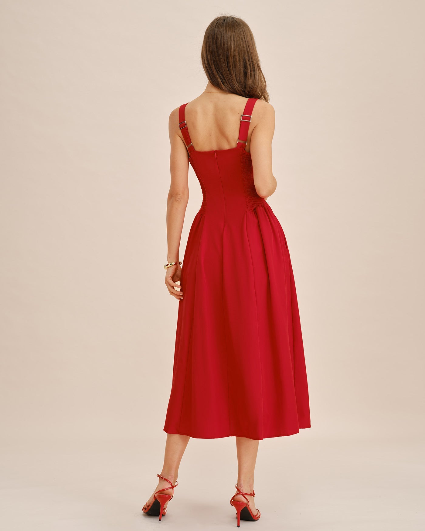 Vestido Midi Sin Mangas de Cuello Cuadrado Rojo