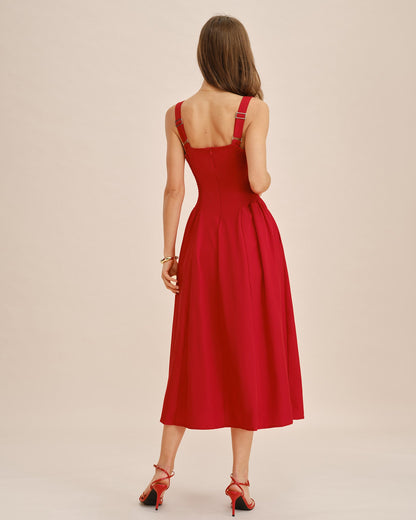 Vestido Midi Sin Mangas de Cuello Cuadrado Rojo