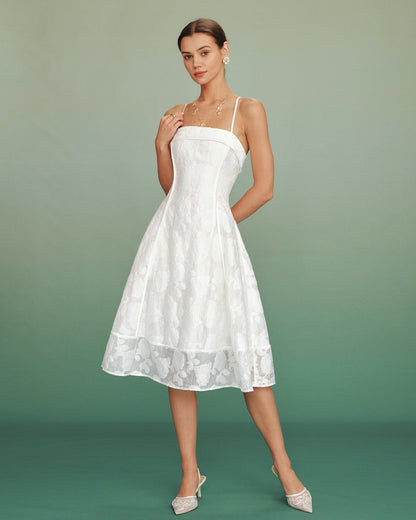 Vestido Midi Slip Jacquard de Cuello Cuadrado Blanco